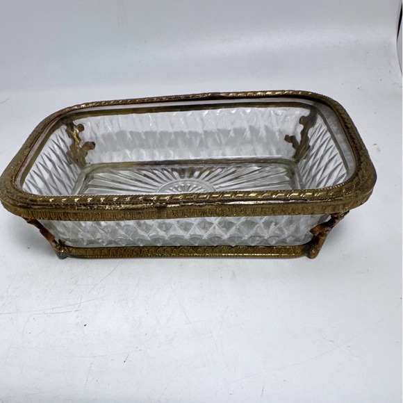 Other - Vintage Crystal Glass Trinket Dish Brass Filigree Frame Gold Rectangular Good 5"